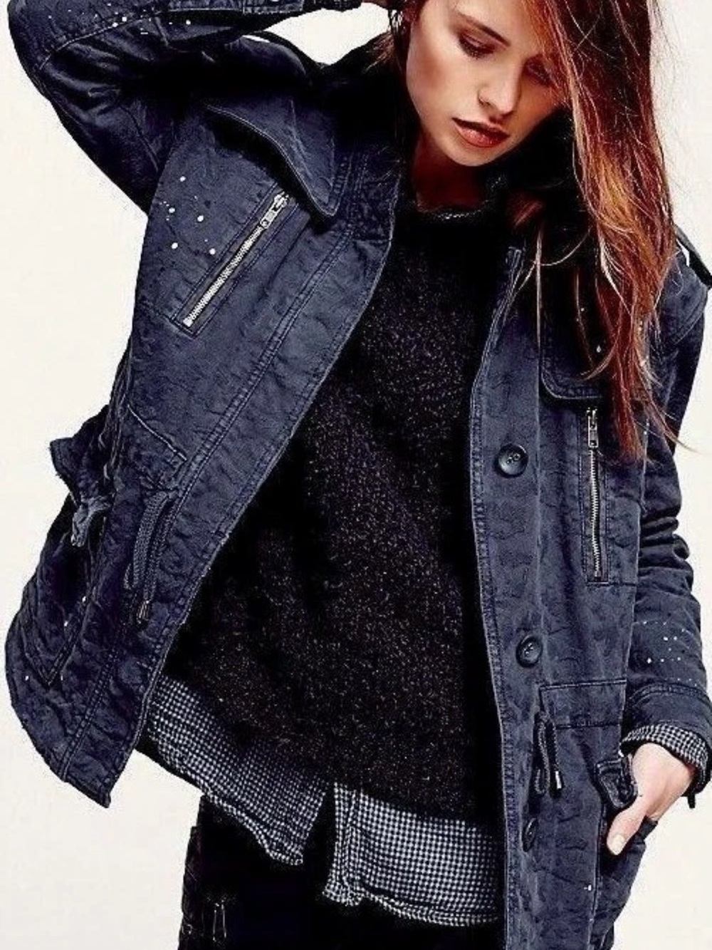 Free People Navy Blue Utility Military Jacket with Cargo Drawstring Small - Picture 2 of 15